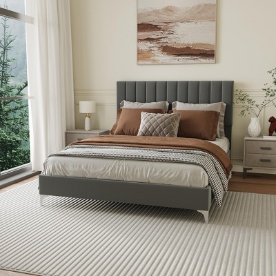 Full Size Bed Frame, Velvet Upholstered, Adjustable Headboard, Noise Free, No Box Spring Needed, Wooden Slats Support, Grey