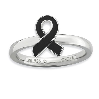 Black Bow Jewelry Silver Stackable Black Enamel Awareness Ribbon Ring