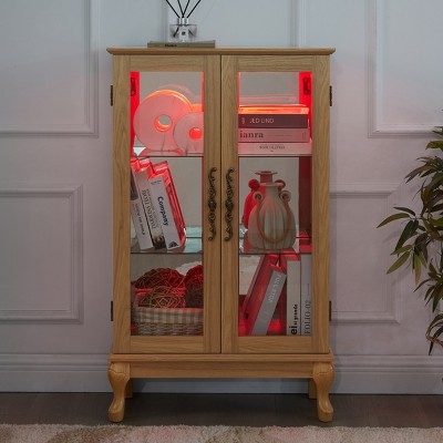 Curio Cabinet with Tempered Glass Doors, Lighted Display Cabinet with Mirrored Back Panel & Adjustable Shelves - Perfect for Home or Office