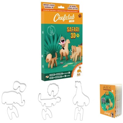 Chefclub Kids 3D Safari Cookie Cutters with Recipe - Multilingual, 8 Stainless Steel Safari Animals Cookie Cutter, Video Recipe Included