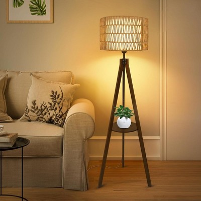 Boho Tripod Floor Lamp with Shelves, Mid Century Wood Standing Lamp with Rattan & Fabric Shades, ON/Off Foot Switch, Modern Farmhouse Tall Floor Lamps