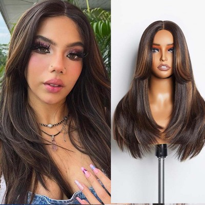 Jessie's Wig 4x4 Straight Layered Cut Synthetic Wigs for Woman Brown Highlight Color 24 Inch