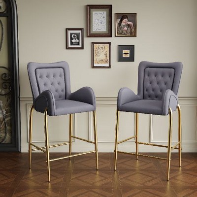 Kumasinova Velvet Tufted Counter Height Bar Stools Set of 2, Golden Metal Frame Counter Stools with Footrests, 28.75" Bar Height Arm Chairs