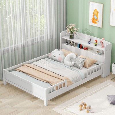 NicBex Full Size Platform Bed 87" L Modern Pine Bed Frame with Storage Headboard, LED Light and Guardrail for Bedroom, No Box Spring Required