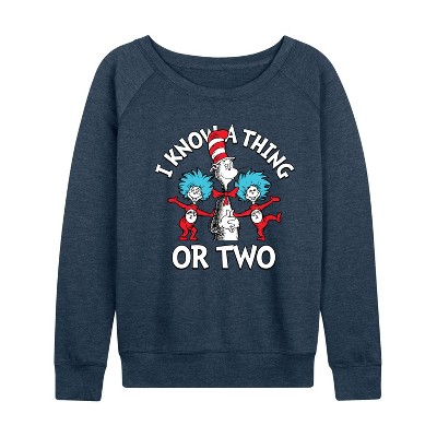 Women's - Dr. Seuss - Cat In the Hat I Know A Thing Or Two Lightweight French Terry Wide Neck Long Sleeve Graphic Shirt