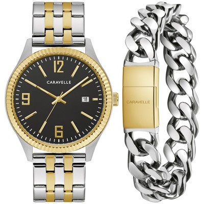 Caravelle designed by Bulova Men's Classic Two-Tone Stainless Steel 3-Hand Date Watch and Bracelet Box Set, 41mm Style: 45K000