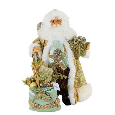 Karen Didion 17.25 In Sage Elegance Santa Lighted Christmas Figurine , Ornate Santa Bag  Faux Fur (1PC)