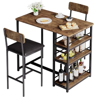 Dining Table Set for 2, Kitchen Table with 2 Chairs, 3 Piece Counter Height Bar Set with 3 Storage Shelves for Small Spaces, Apartment (Vintage)