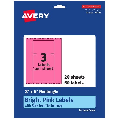 Avery Bright Pink Paper Labels, 3" x 5" Rectangle