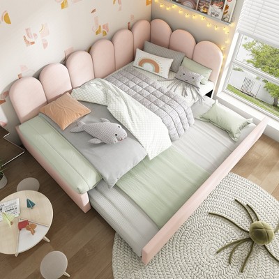 Twin Velvet Daybed with Pull-out Trundle, L-shaped Corner Sofa Bed Frame with Metal Slats Support for Bedroom/Guest Room, No Box Spring Needed