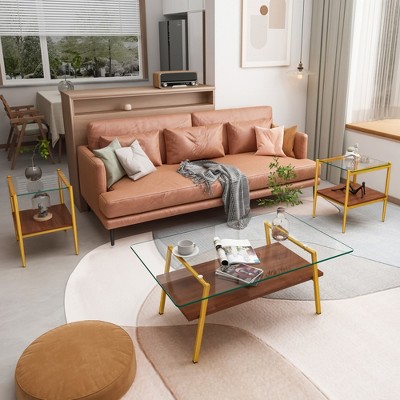 38.58" Coffee Table and 2 End Tables Set with Gray Tempered Glass Tops, MDF Layers, Modern Living Room Tables with Sturdy Iron Legs