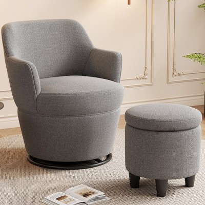 360° Swivel Accent Chair with Ottoman, Burlap Fabric Lounge Sofa with Nail Trim, Metal Frame Living Room Chair, Bedroom Vanity Glider