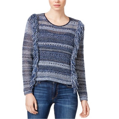 Rachel Roy Womens Printed Fringe Knit Sweater