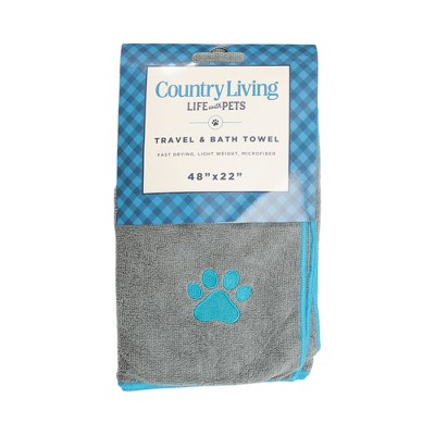 Country Living Large Gray and Teal Microfiber Dog Bath Towel - Quick-Drying, Absorbent, and Durable, Embroidered Paw Print, 48" x 22"