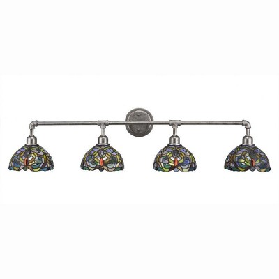 Toltec Lighting Vintage 4 - Light Vanity in  Aged Silver with 7'' Kaleidoscope Art Glass Shade