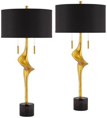 Possini Euro Design Athena 35 1/2" Tall Large Modern Glam End Table Lamps Set of 2 Pull Chain Sculptural Gold Leaf Living Room Bedroom Bedside