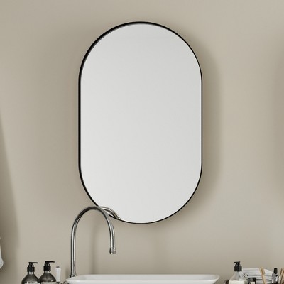 20"x34" Oval Recessed Medicine Cabinet, Metal Framed Bathroom Wall Cabinet with Adjustable Shelves, Wall Mirror with Storage, Matte Black