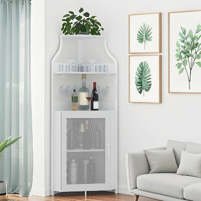 CuisinSmart Corner Wine Bar Cabinet with Detachable Wine Rack, Bar Cabinet with Glass Holder, Small Sideboard and Buffet Cabinet with Mesh Door