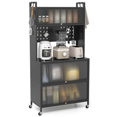 Costway 5 Tier Kitchen Bakers Rack Flip Door Cabinets Pegboard & Hooks White/Black