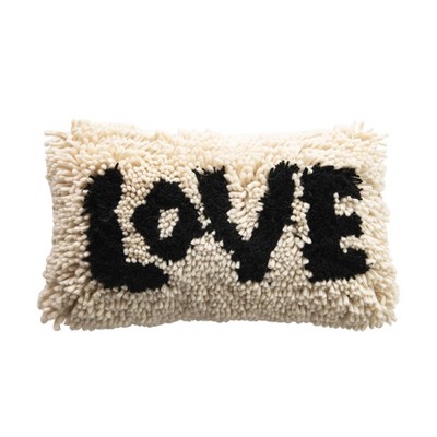 Storied Home Woven Wool Shag Lumbar Pillow with "Love" Design, Black and Cream