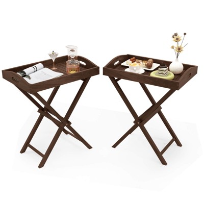 Costway 1/2 PCS Solid Teak Wood Tray Table 28" High Folding Table with Removable Tray Top