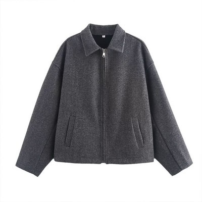 Coolmee Women's Cropped Wool Jacket Plain Zipper Short Pea Coats Fall Winter Trendy Tweed Jackets