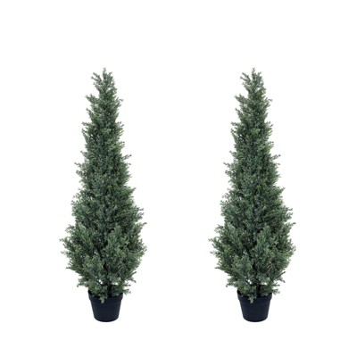 Artificial Cedar Topiary Trees Set of 2, Potted Faux Cypress Plant, UV Resistant Fake Evergreen Shrubs, Realistic Topiary Tree for Front Door
