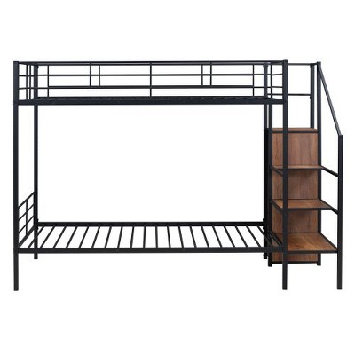 Twin-Over-Twin Metal Bunk Bed featuring Side Storage Steps and Integrated Wardrobe