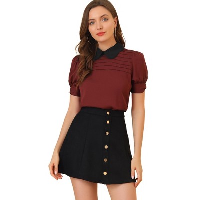 INSPIRE CHIC Women's Vintage Peter Pan Collar Contrast Puff Short Sleeve Blouse