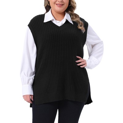 Women's Plus Size Ribbed Knit Split Hem V Neck Sleeveless Casual Loose Sweater Vest - Agnes Orinda