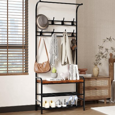 Hall Tree Shoe Bench, 4-in-1 Industrial Entryway Storage Bench with 8 Sturdy Hooks