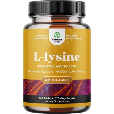 Lysine Tablets, High Strength L-Lysine Supplement for Eye Health Lip Care Collagen Synthesis and Immune Support, Nature's Craft, 240ct