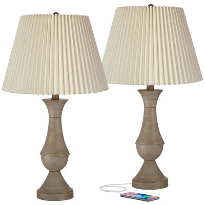 Regency Hill Avery Traditional Table Lamps 25" High Set of 2 Faux Wood with USB Charging Port LED Touch On Off Ivory Shades for Living Room Home Desk