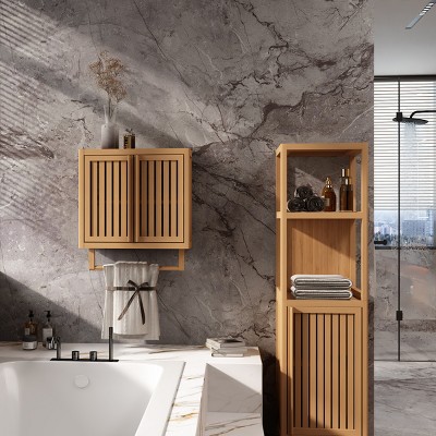 Grungis Bathroom Storage Cabinet with 2 Louvered Doors,Wall Mounted Storage Cabinet with Wooden Hanging Rail,Floor Cabinet for Toiletries,Natural