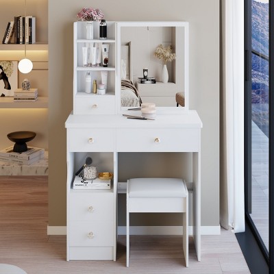 Accent Vanity Table Modern with Sliding Mirror and Cushioned Stool for Small Bedroom - 29.2"W - 3irtyhousy