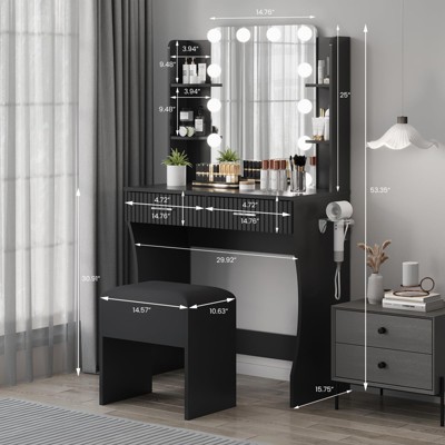 Makeup Vanity Desk with Mirror & Stool, 35"W Large Dressing Table with 2 Drawers & Hair Dryer Rack, Modern Makeup Vanity Table for Bedroom