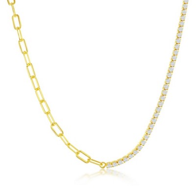 Bella Silver Sterling Silver Half 3mm Paperclip & Half 2mm Tennis Necklace - Gold Plated - Gold - 16+2 Inch