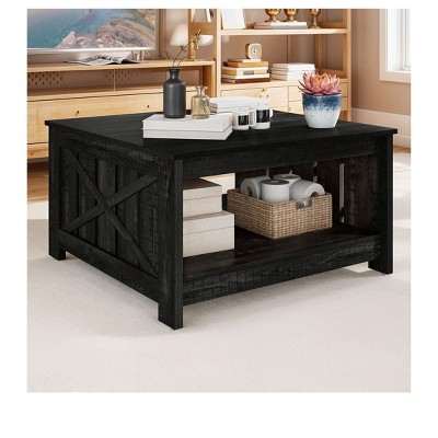 Modern Square Coffee Table Wood Center Table With Half Open Storage Compartment Living Room Table
