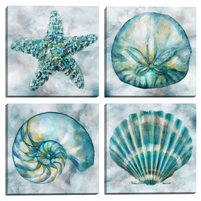 Masterpiece Art Gallery (Set of 4) 11" x 14" Elegant Shells I to IV by Studio Arts Unframed Wall Canvas : Modern Coastal Decor, Aqua Green