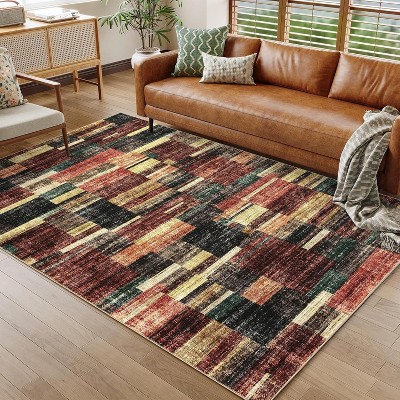 Washable Modern Geometric Rug Non Slip Low Pile Rug Contemporary Floor Cover Foldable Indoor Carpet for Living Room Bedroom Playroom Office