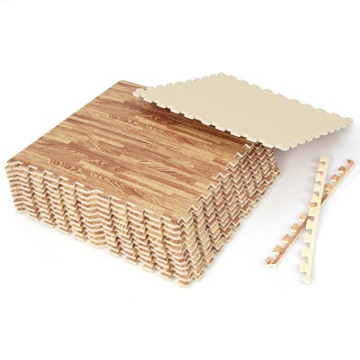 12/24Tiles Wood Grain EVA Foam Floor Mats Interlocking w/Borders 24" Natural