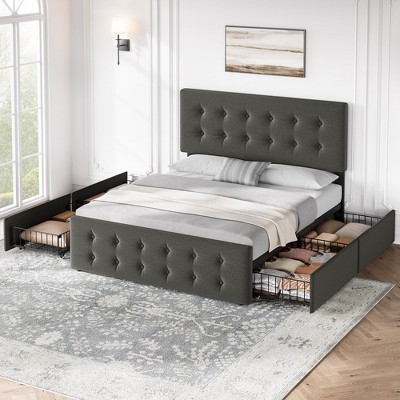 Bed Frame with 4 Storage Drawers and Headboard, Linen Upholstered Platform Bed Frame with Wooden Slats Support