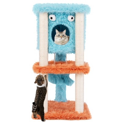 Tangkula Monster-Themed Cat Tree w/ Private Condo Soft Long Plush Sisal Scratching Posts