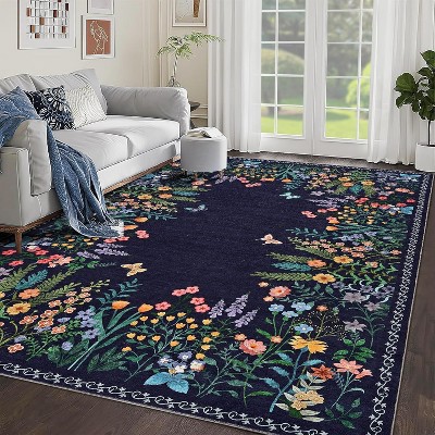 Floral Print Washable Rug Large Non-Slip Area Rug for Living Room, Bedroom, Hallway Dining Room for Office Home