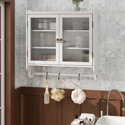 KWPZQEB Bathroom Cabinet Wall Mounted with Glass Doors, Wood Hanging Cabinet with 3 Shelves and Towel Rack for Bathroom, Dining Room