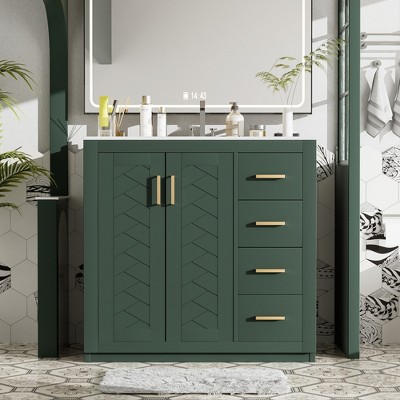 30 Inch Bathroom Vanity with Ceramic Sink, Traditional Bathroom Storage Cabinet with 3 Drawers and 2 Chevron Front Doors
