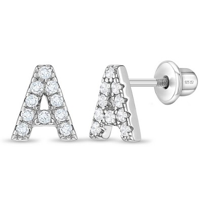 Girl's Cubic Zirconia Letter Initial Screw Back Sterling Silver Earrings - In Season Jewelry