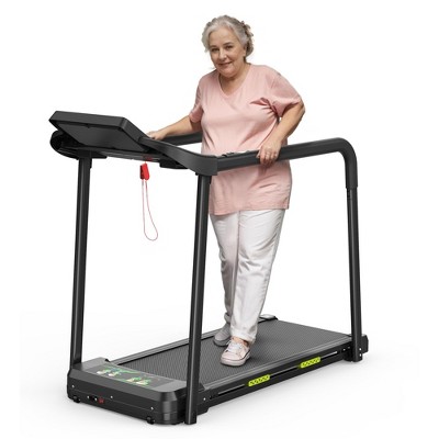 Electric Foldable Walking Pad Treadmill for Seniors with Long Safety Handrails, LED Display, Heart Rate Monitor, 300 lbs Weight Capacity