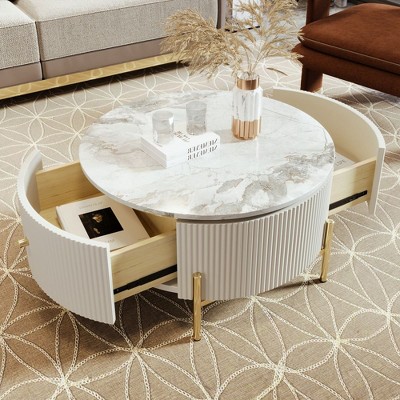 31.5" Modern Round Coffee Table, Accent Table with Marble Pattern Tabletop, Center Sofa Table for Living Room Apartment Office Balcony