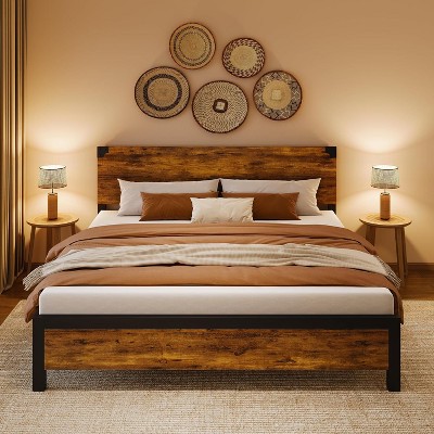Rustic Bed Frame with Wooden Headboard, Platform Base with Underbed Storage, No Box Spring Needed, Full/Queen/King, Vintage Brown